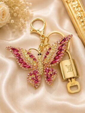 LV Gold Padlock Authentic 🔑 Luxury Bag Charm w/ Unbranded Butterfly Keychain